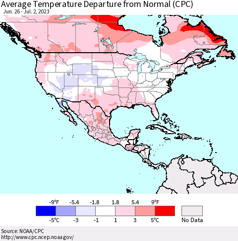 North America Average Temperature Departure from Normal (CPC) Thematic Map For 6/26/2023 - 7/2/2023