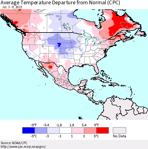 North America Average Temperature Departure from Normal (CPC) Thematic Map For 7/3/2023 - 7/9/2023