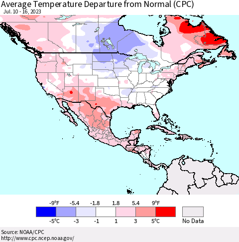 North America Average Temperature Departure from Normal (CPC) Thematic Map For 7/10/2023 - 7/16/2023