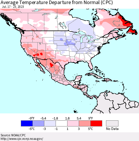 North America Average Temperature Departure from Normal (CPC) Thematic Map For 7/17/2023 - 7/23/2023