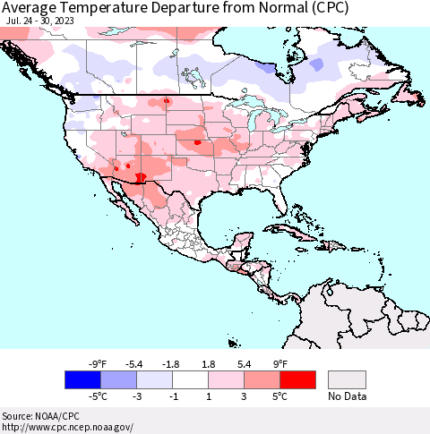 North America Average Temperature Departure from Normal (CPC) Thematic Map For 7/24/2023 - 7/30/2023