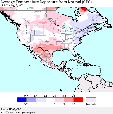 North America Average Temperature Departure from Normal (CPC) Thematic Map For 7/31/2023 - 8/6/2023