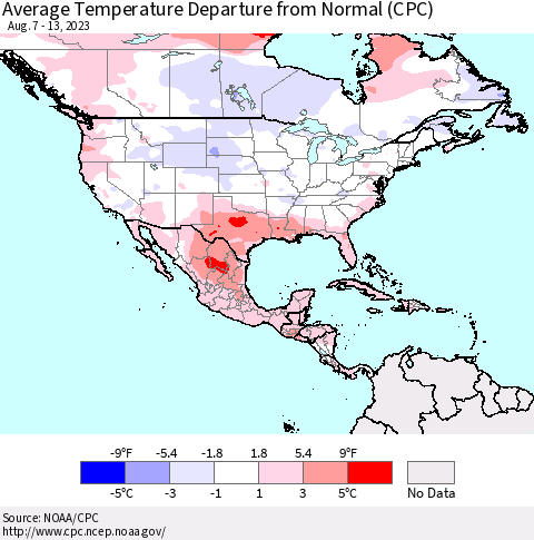 North America Average Temperature Departure from Normal (CPC) Thematic Map For 8/7/2023 - 8/13/2023