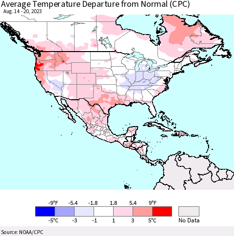 North America Average Temperature Departure from Normal (CPC) Thematic Map For 8/14/2023 - 8/20/2023