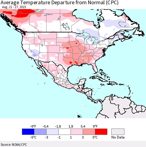 North America Average Temperature Departure from Normal (CPC) Thematic Map For 8/21/2023 - 8/27/2023