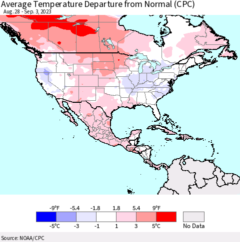 North America Average Temperature Departure from Normal (CPC) Thematic Map For 8/28/2023 - 9/3/2023