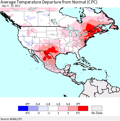 North America Average Temperature Departure from Normal (CPC) Thematic Map For 9/4/2023 - 9/10/2023