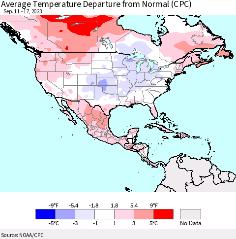 North America Average Temperature Departure from Normal (CPC) Thematic Map For 9/11/2023 - 9/17/2023