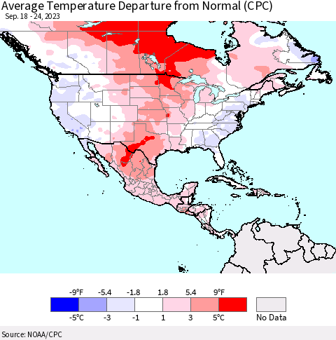 North America Average Temperature Departure from Normal (CPC) Thematic Map For 9/18/2023 - 9/24/2023