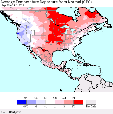 North America Average Temperature Departure from Normal (CPC) Thematic Map For 9/25/2023 - 10/1/2023