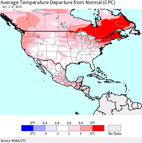 North America Average Temperature Departure from Normal (CPC) Thematic Map For 10/2/2023 - 10/8/2023