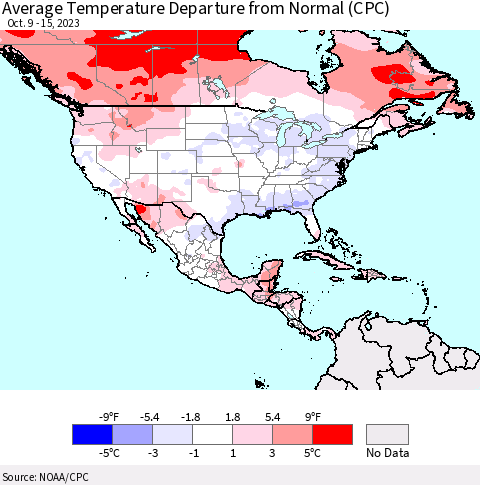 North America Average Temperature Departure from Normal (CPC) Thematic Map For 10/9/2023 - 10/15/2023