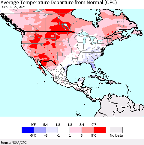 North America Average Temperature Departure from Normal (CPC) Thematic Map For 10/16/2023 - 10/22/2023