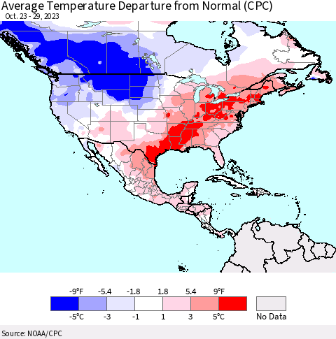 North America Average Temperature Departure from Normal (CPC) Thematic Map For 10/23/2023 - 10/29/2023