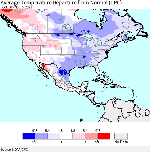 North America Average Temperature Departure from Normal (CPC) Thematic Map For 10/30/2023 - 11/5/2023