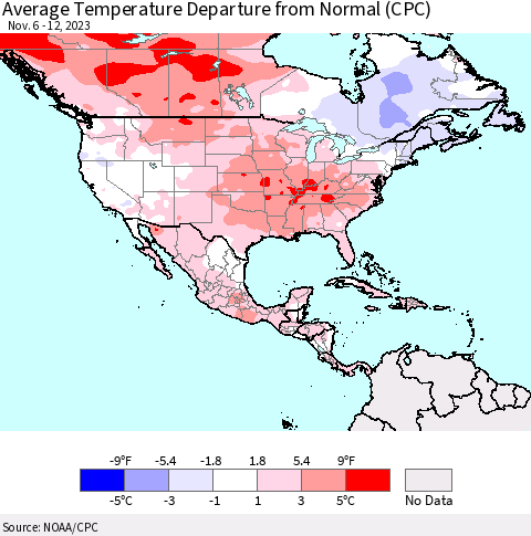 North America Average Temperature Departure from Normal (CPC) Thematic Map For 11/6/2023 - 11/12/2023