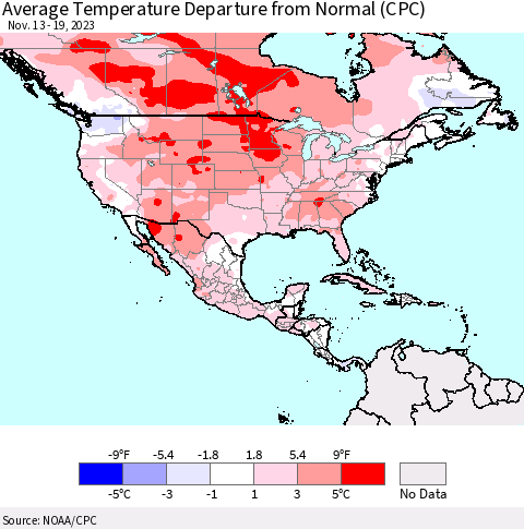 North America Average Temperature Departure from Normal (CPC) Thematic Map For 11/13/2023 - 11/19/2023