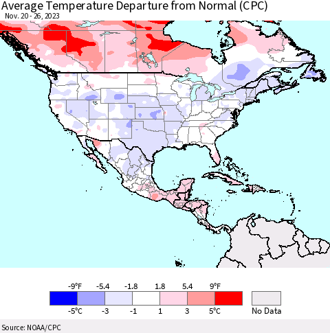 North America Average Temperature Departure from Normal (CPC) Thematic Map For 11/20/2023 - 11/26/2023