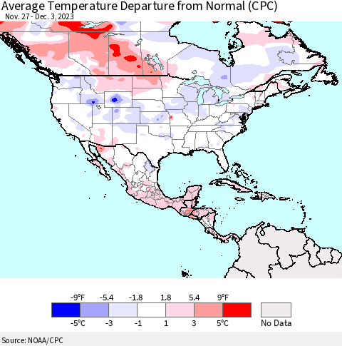 North America Average Temperature Departure from Normal (CPC) Thematic Map For 11/27/2023 - 12/3/2023