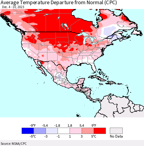 North America Average Temperature Departure from Normal (CPC) Thematic Map For 12/4/2023 - 12/10/2023