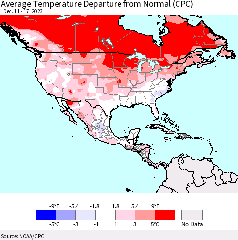 North America Average Temperature Departure from Normal (CPC) Thematic Map For 12/11/2023 - 12/17/2023
