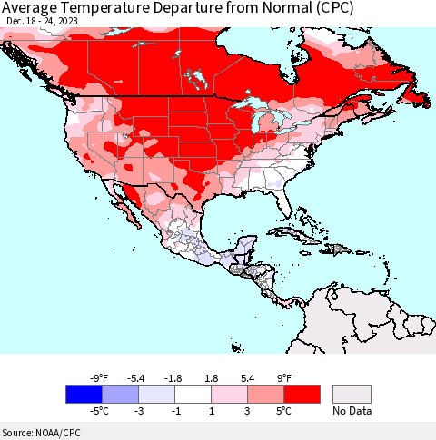 North America Average Temperature Departure from Normal (CPC) Thematic Map For 12/18/2023 - 12/24/2023