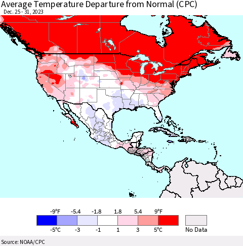 North America Average Temperature Departure from Normal (CPC) Thematic Map For 12/25/2023 - 12/31/2023
