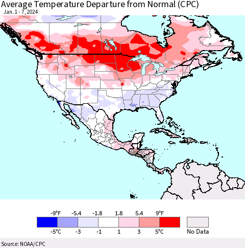 North America Average Temperature Departure from Normal (CPC) Thematic Map For 1/1/2024 - 1/7/2024