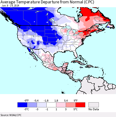 North America Average Temperature Departure from Normal (CPC) Thematic Map For 1/8/2024 - 1/14/2024