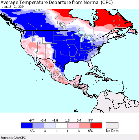 North America Average Temperature Departure from Normal (CPC) Thematic Map For 1/15/2024 - 1/21/2024