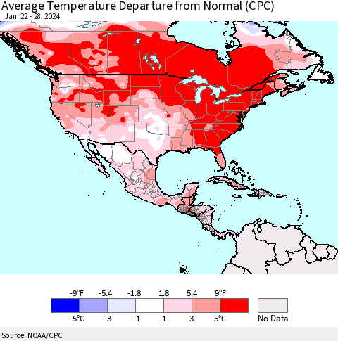 North America Average Temperature Departure from Normal (CPC) Thematic Map For 1/22/2024 - 1/28/2024