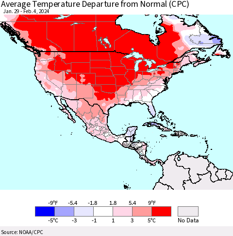North America Average Temperature Departure from Normal (CPC) Thematic Map For 1/29/2024 - 2/4/2024
