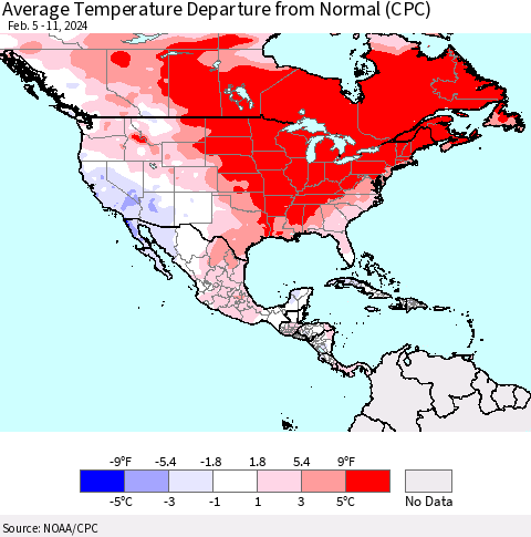 North America Average Temperature Departure from Normal (CPC) Thematic Map For 2/5/2024 - 2/11/2024
