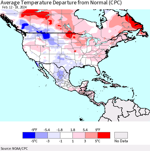 North America Average Temperature Departure from Normal (CPC) Thematic Map For 2/12/2024 - 2/18/2024