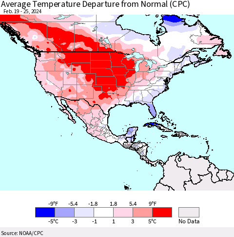 North America Average Temperature Departure from Normal (CPC) Thematic Map For 2/19/2024 - 2/25/2024