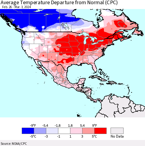 North America Average Temperature Departure from Normal (CPC) Thematic Map For 2/26/2024 - 3/3/2024