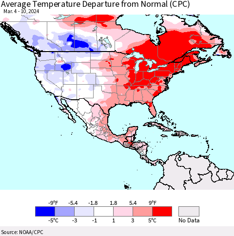 North America Average Temperature Departure from Normal (CPC) Thematic Map For 3/4/2024 - 3/10/2024