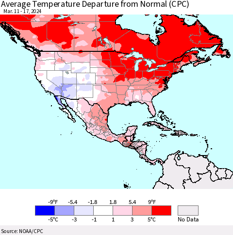 North America Average Temperature Departure from Normal (CPC) Thematic Map For 3/11/2024 - 3/17/2024