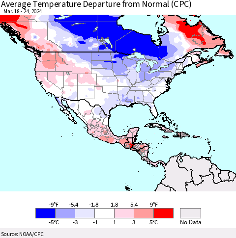 North America Average Temperature Departure from Normal (CPC) Thematic Map For 3/18/2024 - 3/24/2024