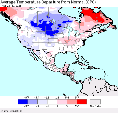 North America Average Temperature Departure from Normal (CPC) Thematic Map For 3/25/2024 - 3/31/2024