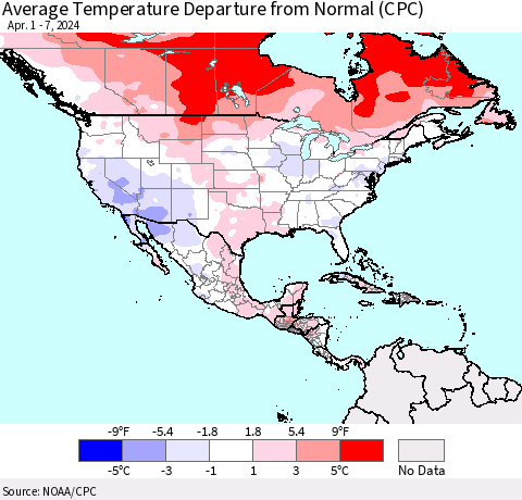 North America Average Temperature Departure from Normal (CPC) Thematic Map For 4/1/2024 - 4/7/2024