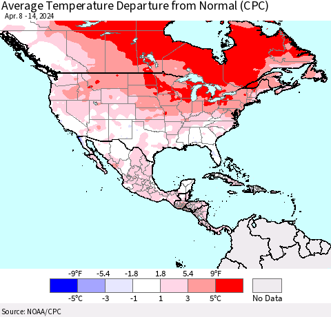 North America Average Temperature Departure from Normal (CPC) Thematic Map For 4/8/2024 - 4/14/2024