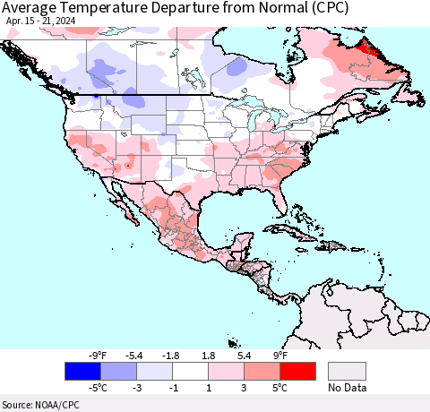 North America Average Temperature Departure from Normal (CPC) Thematic Map For 4/15/2024 - 4/21/2024
