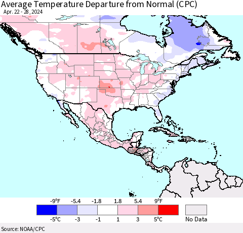 North America Average Temperature Departure from Normal (CPC) Thematic Map For 4/22/2024 - 4/28/2024