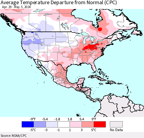 North America Average Temperature Departure from Normal (CPC) Thematic Map For 4/29/2024 - 5/5/2024