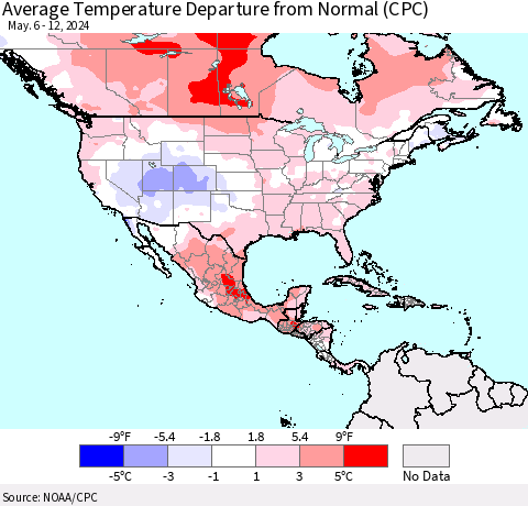 North America Average Temperature Departure from Normal (CPC) Thematic Map For 5/6/2024 - 5/12/2024