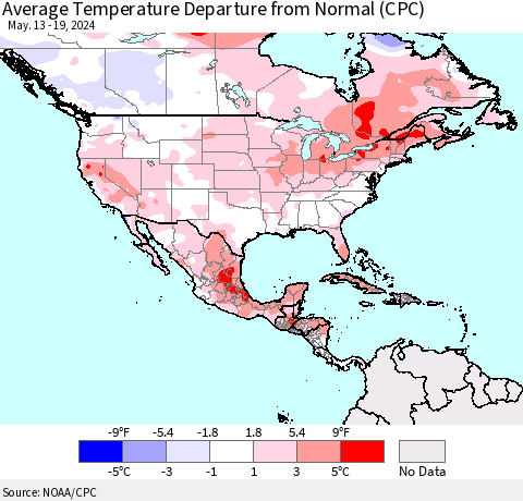 North America Average Temperature Departure from Normal (CPC) Thematic Map For 5/13/2024 - 5/19/2024