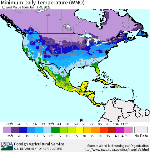 North America Minimum Daily Temperature (WMO) Thematic Map For 1/3/2022 - 1/9/2022