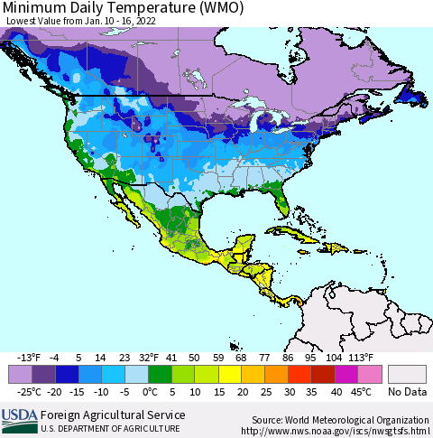 North America Minimum Daily Temperature (WMO) Thematic Map For 1/10/2022 - 1/16/2022