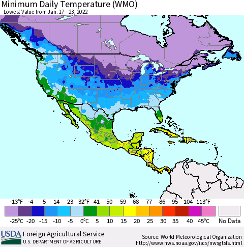 North America Minimum Daily Temperature (WMO) Thematic Map For 1/17/2022 - 1/23/2022